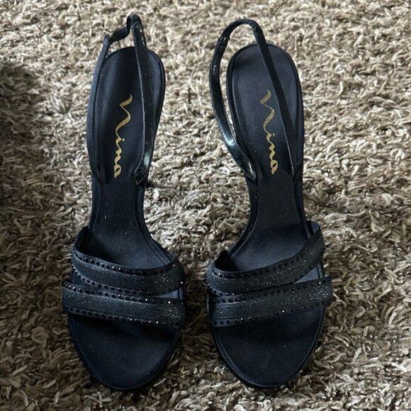 Nina Black Glitter Strappy Heels - Picture 1 of 3